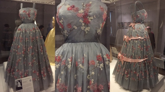 Dinner gown, silk organza by Hardy Amies, 1959. Worn in Nova Scotia during a Commonwealth visit to Canada in 1959. The mayflower is the provincial flower of NS.