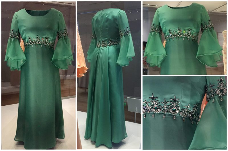 A silk organza evening dress with beaded embroidery by Ian Thomas, 1974. Lent by HM The Queen for Royal Fashion Restyled. The Queen wore this during the farewell banquet during the 1974 Commonwealth Games in NZ. She also wore it to the premiere of 'Murder on the Orient Express' in London.